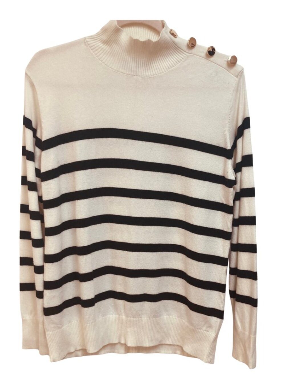 Joseph A Cream and Black Stripe Long Sleeved Sweater with gold buttons Size L
